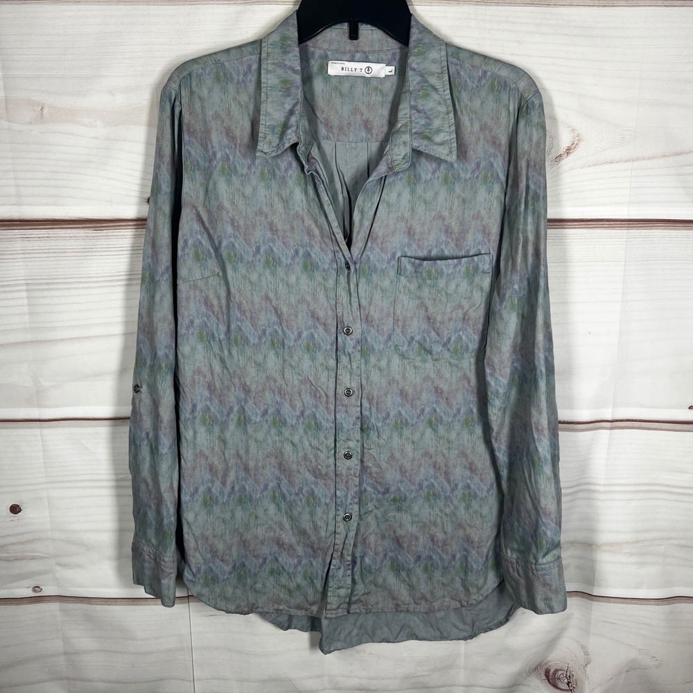 Billy‎ T Shirt Womens Large Blue Watercolor Print Top Long Sleeve Linen Blend